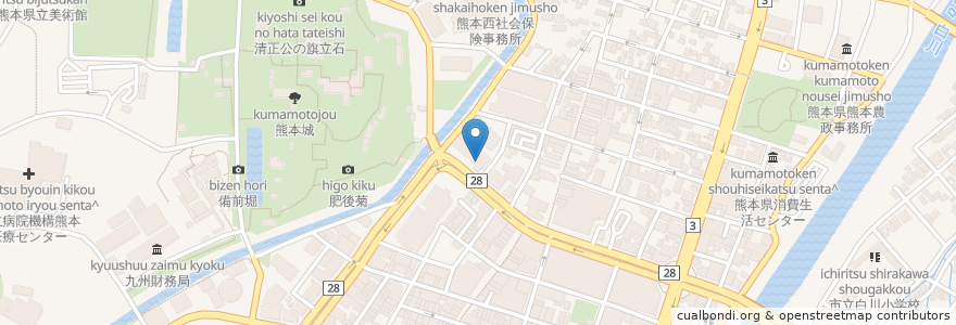 Mapa de ubicacion de 商工組合中央金庫熊本支店;熊本城東郵便局 en اليابان, 熊本県, 熊本市, 中央区.