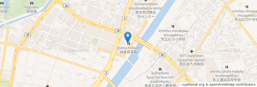Mapa de ubicacion de 城東保育園 en Japón, Prefectura De Kumamoto, 熊本市, 中央区.
