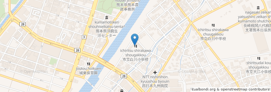 Mapa de ubicacion de 市立白川小学校 en Japan, 熊本県, 熊本市, 中央区.