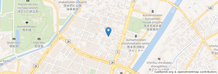 Mapa de ubicacion de 熊本上通郵便局 en Japón, Prefectura De Kumamoto, 熊本市, 中央区.