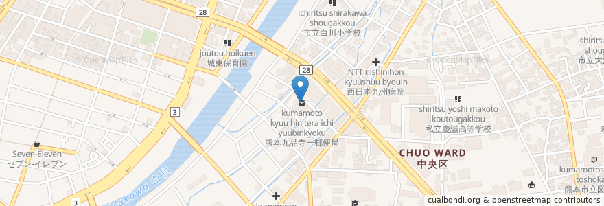 Mapa de ubicacion de 熊本九品寺一郵便局 en 日本, 熊本県, 熊本市, 中央区.