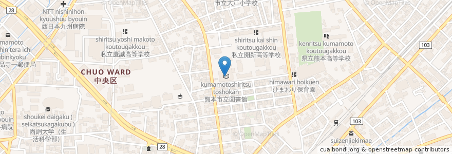 Mapa de ubicacion de 熊本市立図書館 en Giappone, Prefettura Di Kumamoto, 熊本市, 中央区.