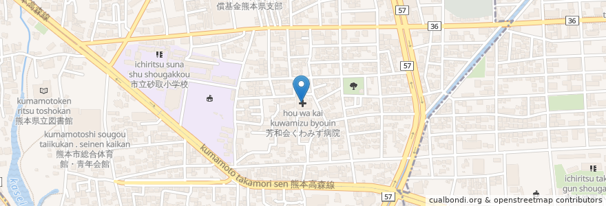 Mapa de ubicacion de 芳和会くわみず病院 en Japan, Kumamoto Prefecture, Kumamoto, Higashi Ward.