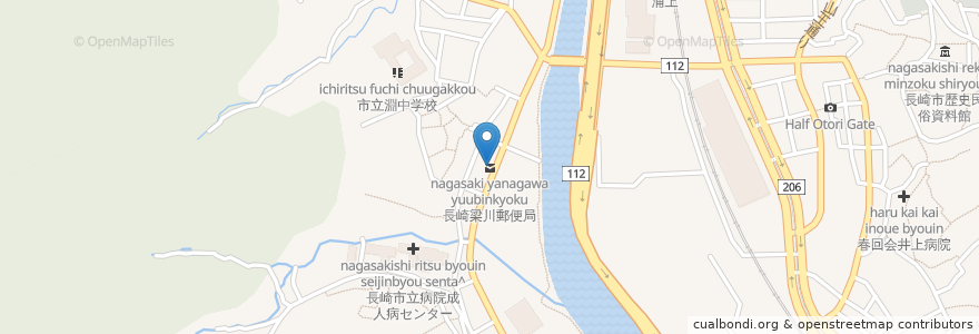 Mapa de ubicacion de 長崎梁川郵便局 en Japan, Nagasaki Prefecture, Nagasaki.