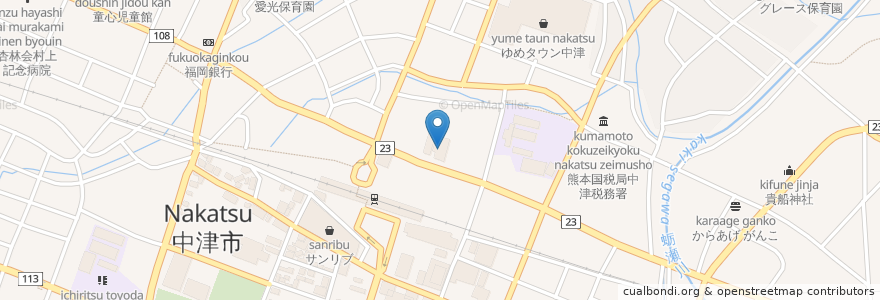 Mapa de ubicacion de 中津郵便局 en 日本, 大分県, 中津市.