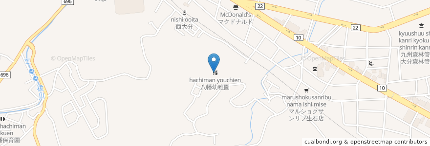 Mapa de ubicacion de 八幡幼稚園 en 일본, 오이타현, 大分市.
