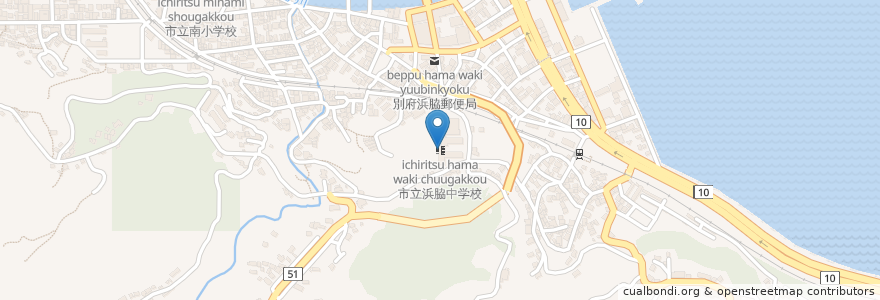 Mapa de ubicacion de 市立浜脇中学校 en Япония, Оита, 別府市.