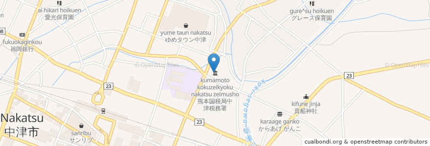Mapa de ubicacion de 熊本国税局中津税務署 en اليابان, 大分県, 中津市.
