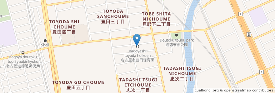 Mapa de ubicacion de 名古屋市豊田保育園 en 일본, 아이치현, 나고야 시, 南区.