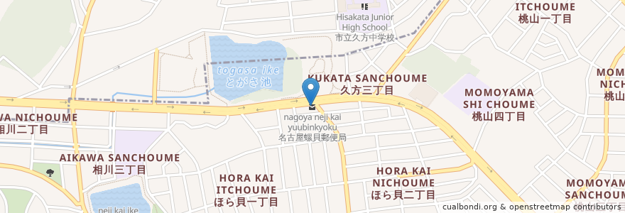 Mapa de ubicacion de 名古屋螺貝郵便局 en Japón, Prefectura De Aichi, Nagoya, 天白区, 緑区.