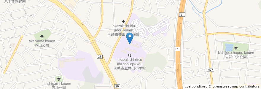 Mapa de ubicacion de 市立井田小学校 en اليابان, 愛知県, 岡崎市.