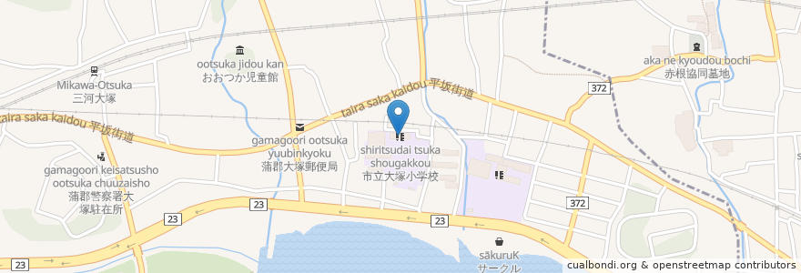 Mapa de ubicacion de 市立大塚小学校 en 日本, 愛知県, 蒲郡市.