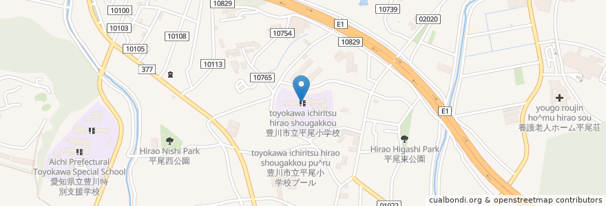 Mapa de ubicacion de 豊川市立平尾小学校 en Japan, Aichi Prefecture, Toyokawa.