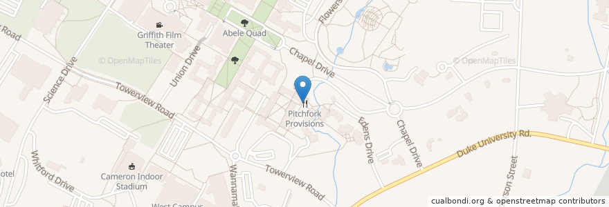 Mapa de ubicacion de Pitchfork Provisions en United States, North Carolina, Durham County, Durham.