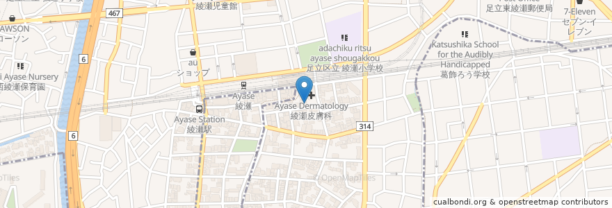 Mapa de ubicacion de 綾瀬皮膚科 en 日本, 東京都, 足立区.