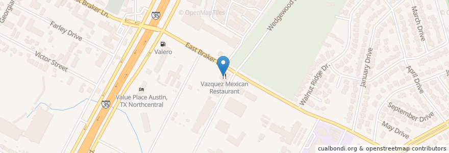 Mapa de ubicacion de Vazquez Mexican Restaurant en 美利坚合众国/美利堅合眾國, 得克萨斯州 / 德克薩斯州 / 德薩斯州, Travis County, 奥斯汀 / 柯士甸.