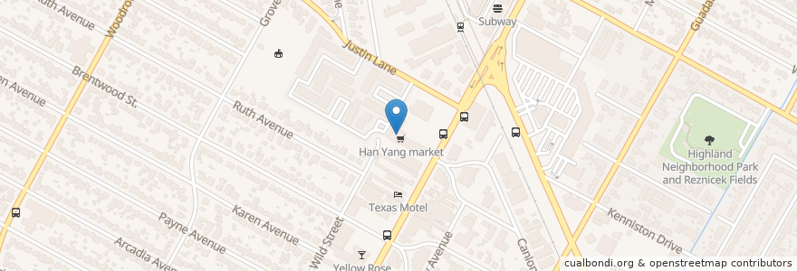 Mapa de ubicacion de Han Yang Market Cafe en Соединённые Штаты Америки, Техас, Travis County, Остин.