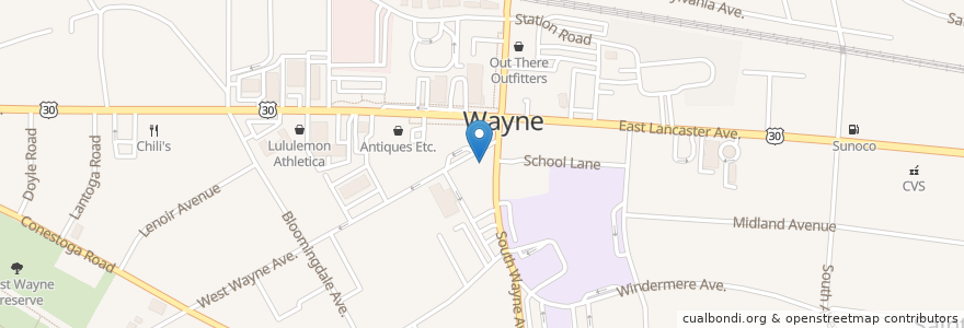 Mapa de ubicacion de Wayne Post Office en アメリカ合衆国, ペンシルベニア州, Delaware County, Radnor Township.