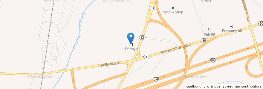 Mapa de ubicacion de Denny's en 美利坚合众国/美利堅合眾國, 康涅狄格州 / 康乃狄克州, Tolland County, Vernon.