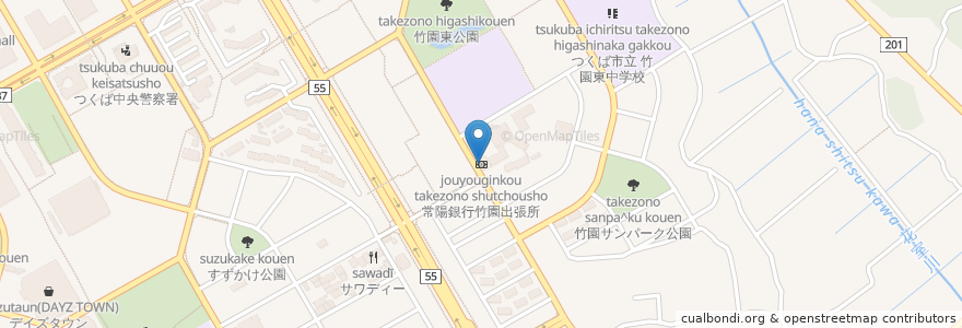 Mapa de ubicacion de 常陽銀行竹園出張所 en Япония, Ибараки, つくば市.