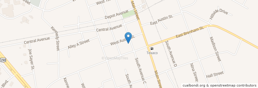 Mapa de ubicacion de Crosstown Bar-B-Que en 미국, 텍사스, Elgin, Bastrop County.