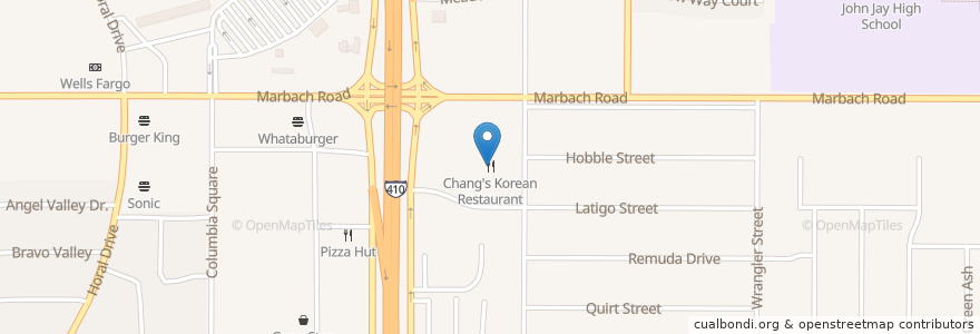 Mapa de ubicacion de Chang's Korean Restaurant en الولايات المتّحدة الأمريكيّة, تكساس, مقاطعة بيكسار, سان أنطونيو.
