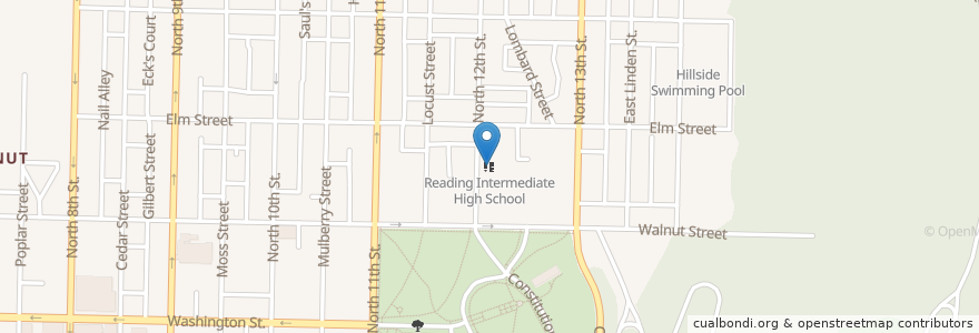 Mapa de ubicacion de Reading Intermediate High School en United States, Pennsylvania, Berks County, Reading.