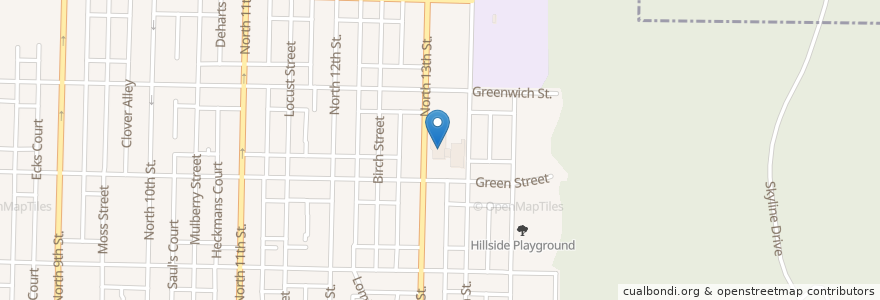 Mapa de ubicacion de 13th and Green Elementary en アメリカ合衆国, ペンシルベニア州, Berks County, Reading.