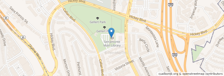 Mapa de ubicacion de Serramonte Main Library en アメリカ合衆国, カリフォルニア州, San Mateo County, Daly City.