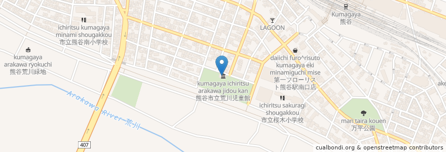 Mapa de ubicacion de 熊谷市立荒川児童館 en اليابان, 埼玉県, 熊谷市.