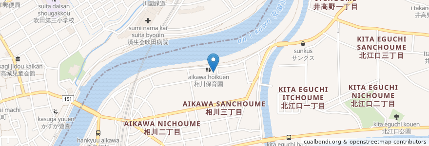 Mapa de ubicacion de 北母子寮 en 日本, 大阪府, 吹田市, 大阪市, 東淀川区.