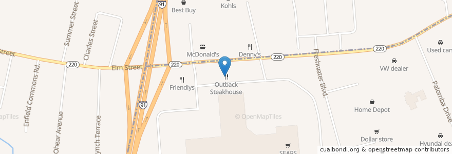 Mapa de ubicacion de Outback Steakhouse en Amerika Birleşik Devletleri, Connecticut, Hartford County, Enfield.
