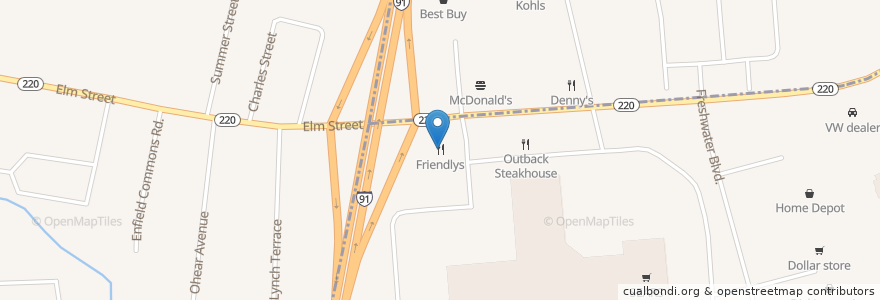 Mapa de ubicacion de Friendly's en الولايات المتّحدة الأمريكيّة, كونيتيكت, Hartford County, Enfield.