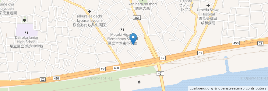 Mapa de ubicacion de 在宅介護支援センター本木関原 en 日本, 東京都, 足立区.