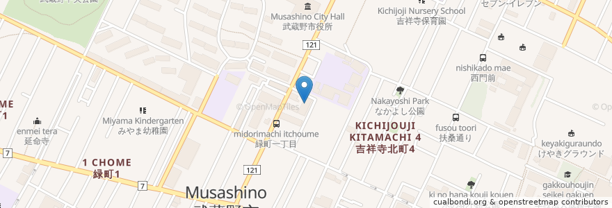 Mapa de ubicacion de 在宅障害者デイ・サービス施設デイセンターふれあい en اليابان, 東京都, 武蔵野市.