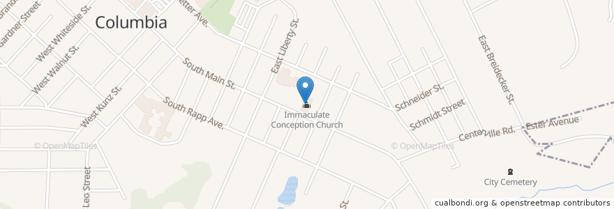 Mapa de ubicacion de Immaculate Conception Church en États-Unis D'Amérique, Illinois, Monroe County, Columbia.