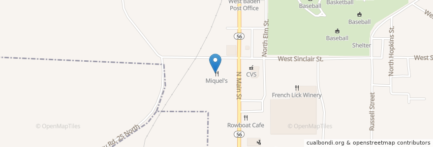 Mapa de ubicacion de Miquel's en United States, Indiana, Orange County, West Baden Springs.