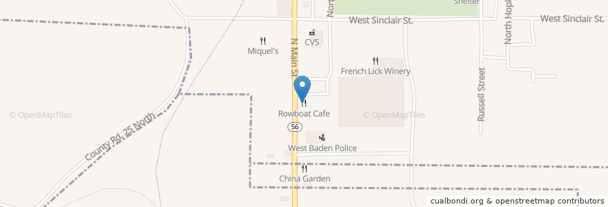 Mapa de ubicacion de Rowboat Cafe en Amerika Birleşik Devletleri, Indiana, Orange County, West Baden Springs.