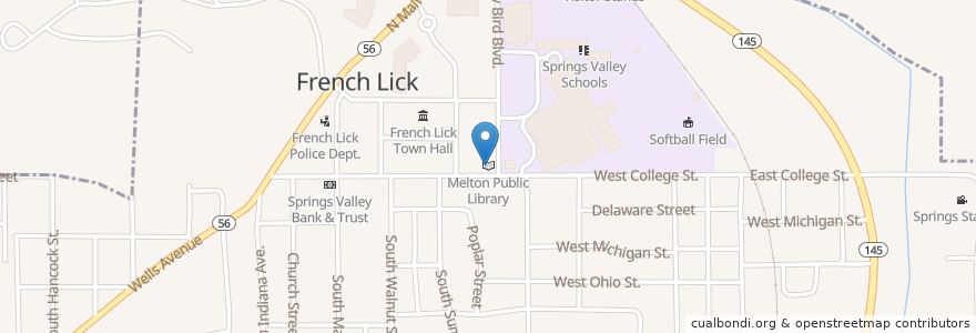 Mapa de ubicacion de Melton Public Library en Stati Uniti D'America, Indiana, Orange County, French Lick.