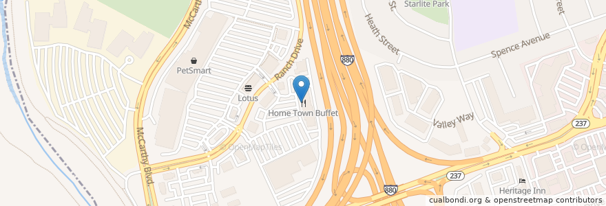 Mapa de ubicacion de Home Town Buffet en 美利坚合众国/美利堅合眾國, 加利福尼亚州/加利福尼亞州, 圣克莱拉县, Milpitas.