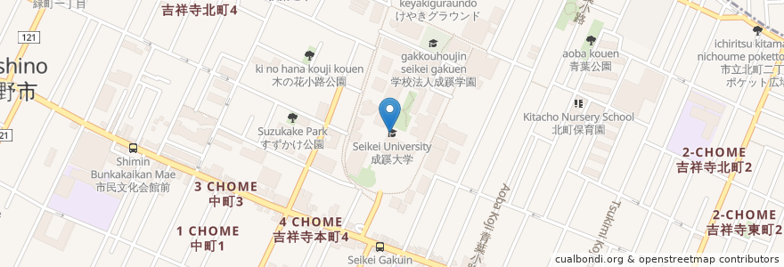 Mapa de ubicacion de 成蹊大学 en Japonya, 東京都, 武蔵野市.