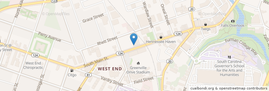 Mapa de ubicacion de Mac's Speed Shop en Estados Unidos Da América, Carolina Do Sul, Greenville County, Greenville.
