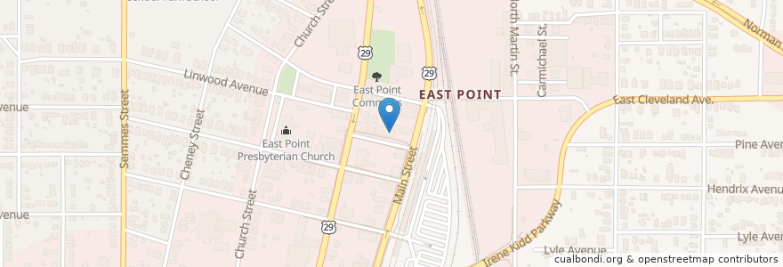Mapa de ubicacion de Q's Restaurant en United States, Georgia, Fulton County, East Point.