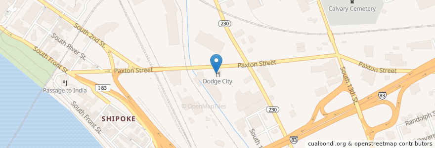 Mapa de ubicacion de Dodge City en Vereinigte Staaten Von Amerika, Pennsylvania, Dauphin County, Harrisburg.