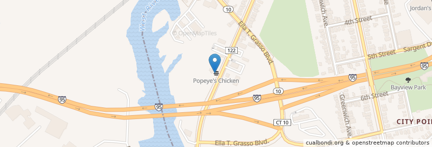 Mapa de ubicacion de Popeye's Chicken en ایالات متحده آمریکا, Connecticut, New Haven County, West Haven, New Haven.