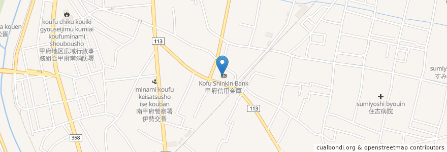 Mapa de ubicacion de 甲府信用金庫 (Kofu Shinkin Bank) en Japão, 山梨県, 甲府市.