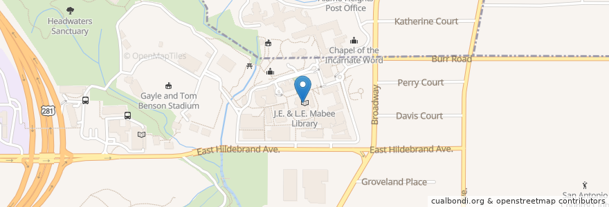Mapa de ubicacion de J.E. & L.E. Mabee Library en アメリカ合衆国, テキサス州, Bexar County, サンアントニオ.