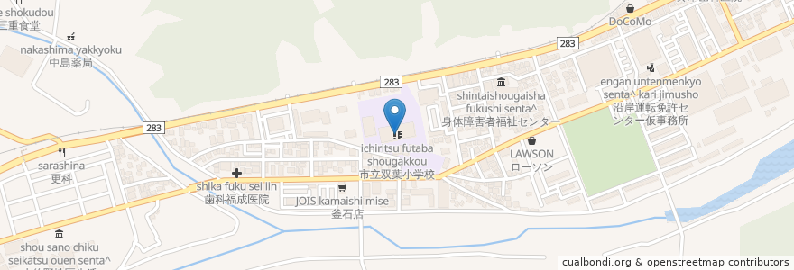 Mapa de ubicacion de 市立双葉小学校 en 日本, 岩手県, 釜石市.