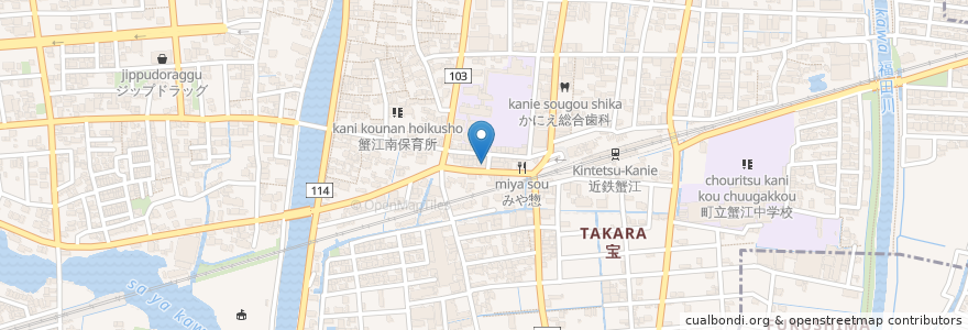 Mapa de ubicacion de カニエ耳鼻咽喉科 en Япония, Айти, 海部郡, 蟹江町.