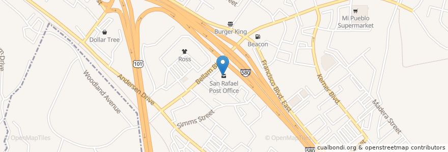 Mapa de ubicacion de San Rafael Post Office en アメリカ合衆国, カリフォルニア州, Marin County, San Rafael.